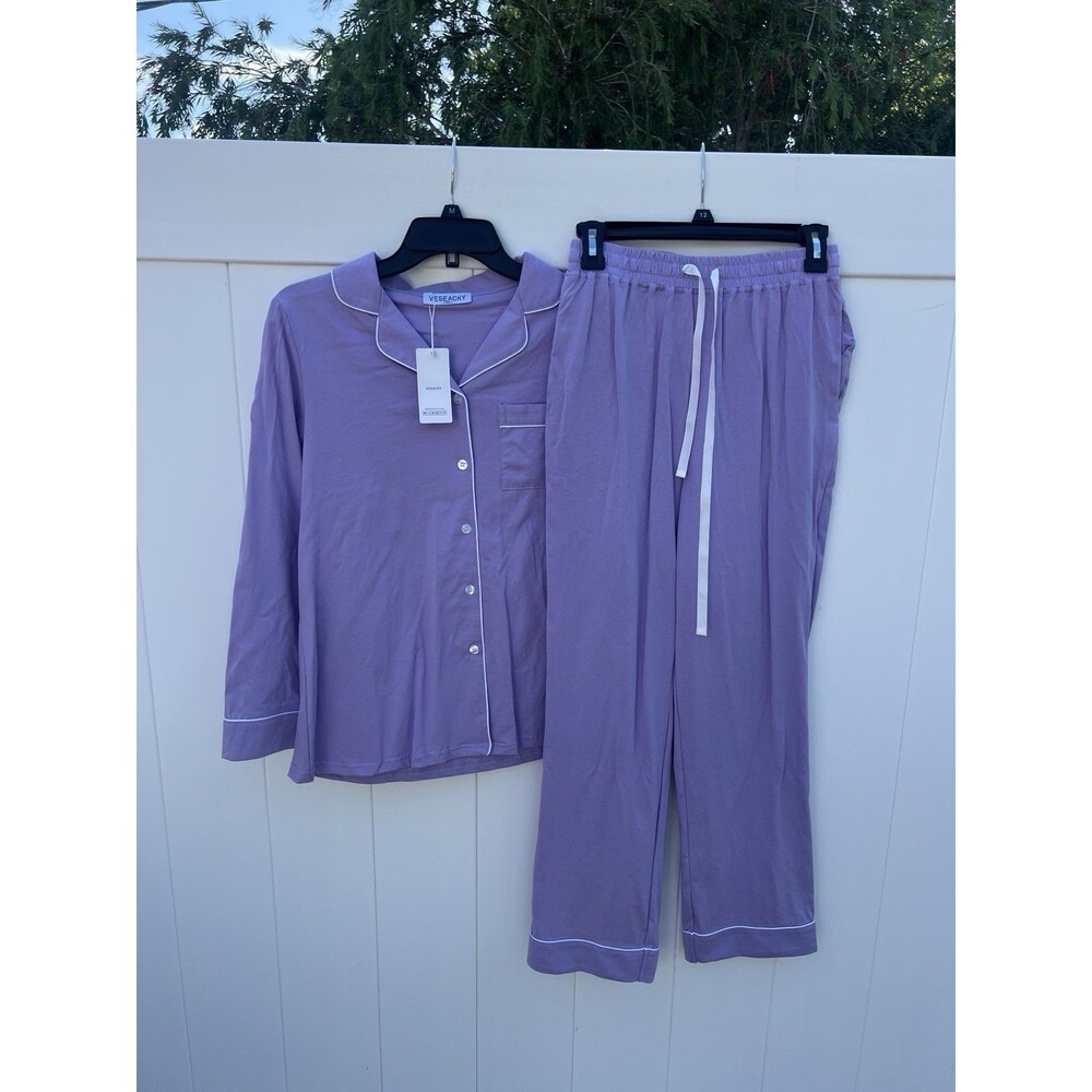 VESEACKY Women’s XS Collared Long sleve pj set Long Pants Purple Cotton New